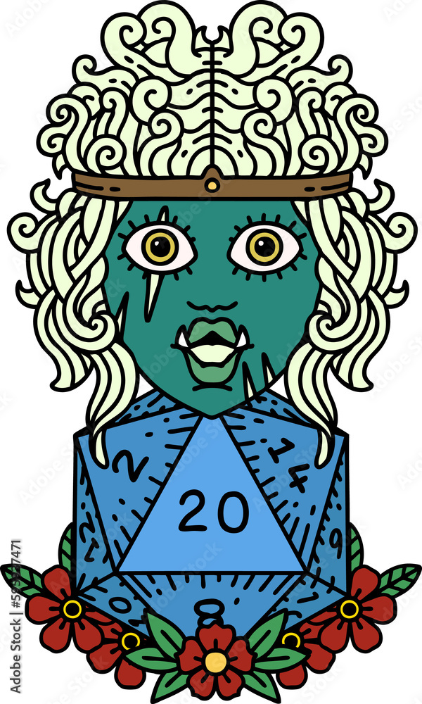 Retro Tattoo Style orc barbarian with natural twenty dice roll Retro Tattoo Style orc barbarian with natural twenty dice roll