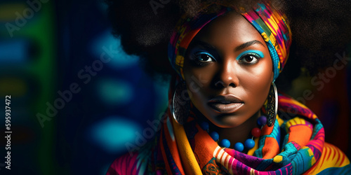Hübsche Afroamerikanische Frau Model mit tollem Make-Up Styling und Bokeh Hintergrund, Nahaufnahme, ai generativ © www.freund-foto.de