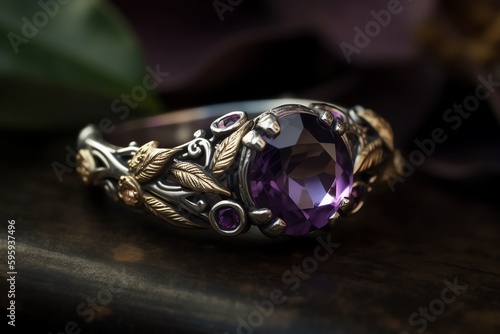 Amethyst Engagement Ring With Diamond Stones, Gold And White Gold, And Small Branch And Leaf Design. Generative AI