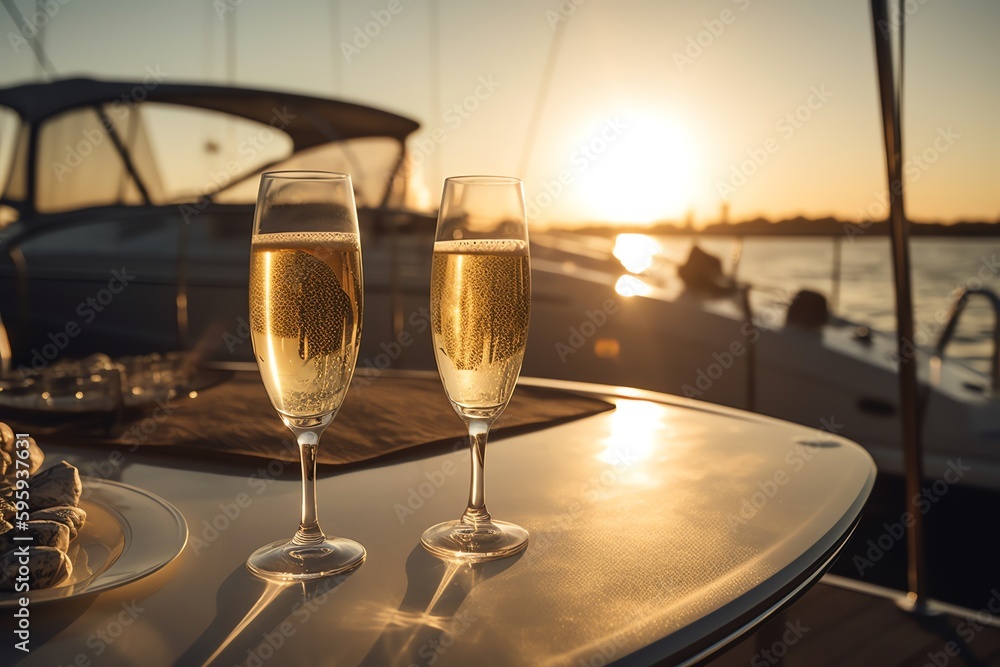 A Fancy Yacht Trip With Bubbly And Sea Air. Generative AI A Fancy Yacht Trip With Bubbly And Sea Air. Generative AI