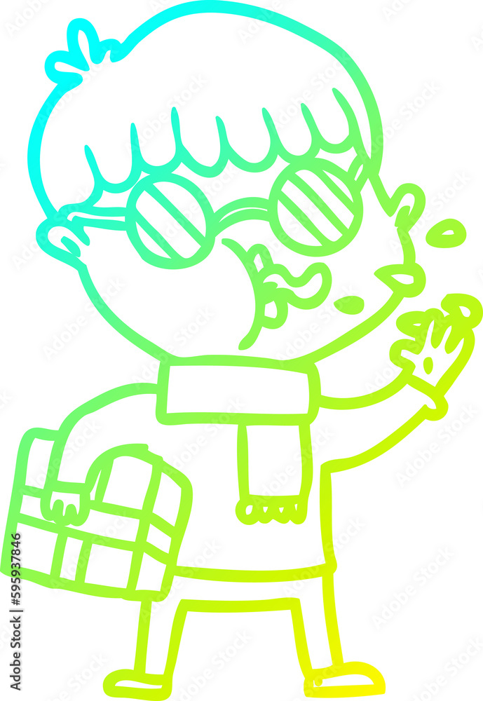 cold gradient line drawing of a cartoon boy wearing spectacles with christmas gift cold gradient line drawing of a cartoon boy wearing spectacles with christmas gift
