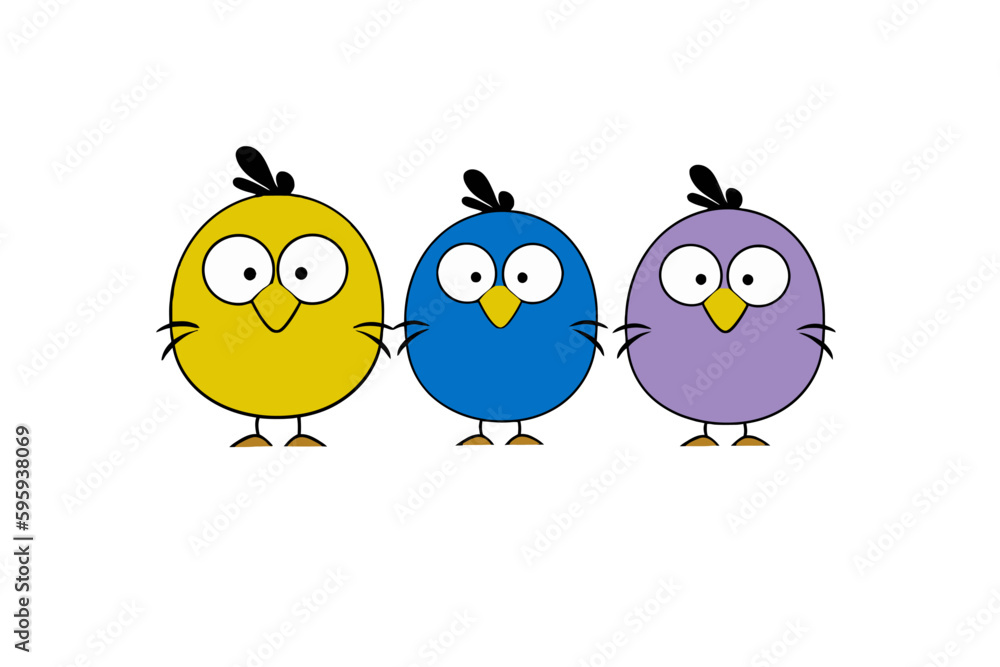 Three colorful cute birds in yellow blue purple color Three colorful cute birds in yellow blue purple color