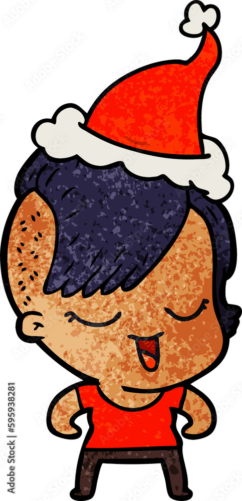 happy hand drawn textured cartoon of a girl wearing santa hat happy hand drawn textured cartoon of a girl wearing santa hat