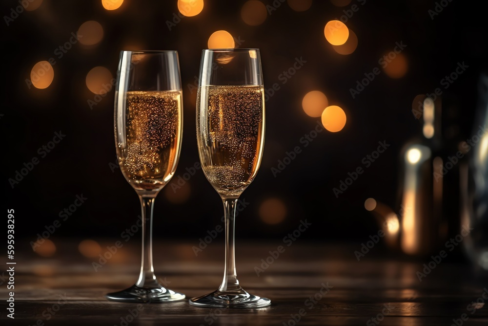 Three Champagne Glasses On A Wooden Table With A Winter Festive Background. Generative AI Three Champagne Glasses On A Wooden Table With A Winter Festive Background. Generative AI