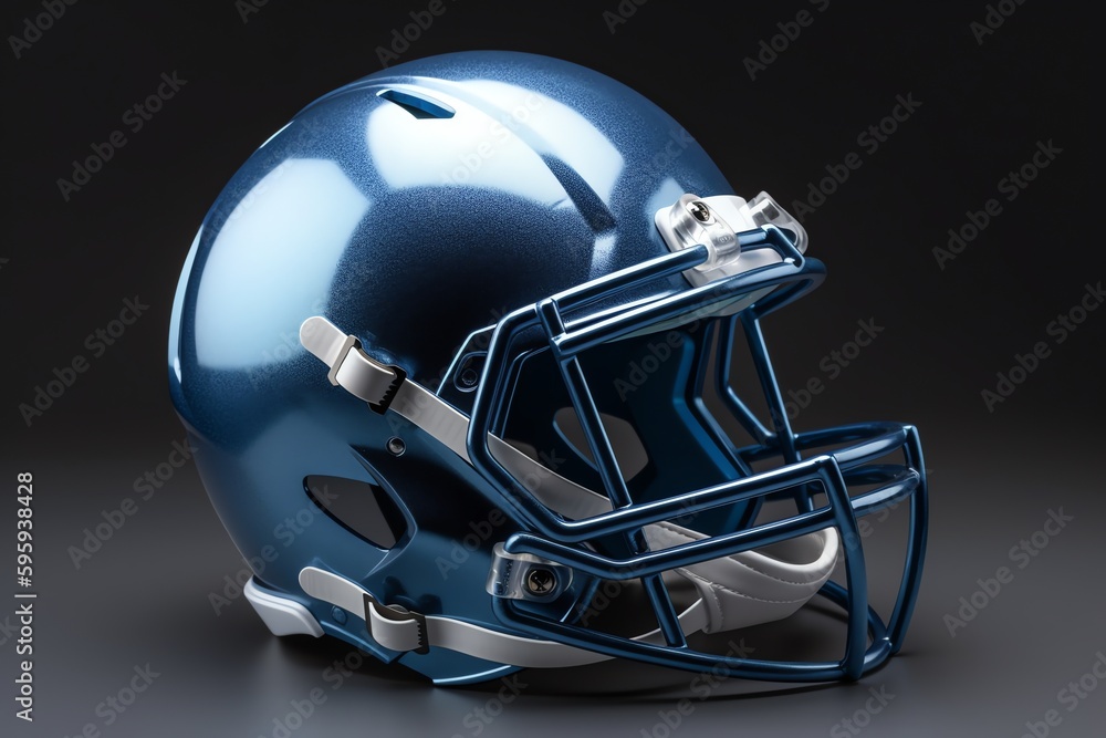 Fototapeta premium 3D rendered metallic blue American football helmet isolated on grey background. Generative AI