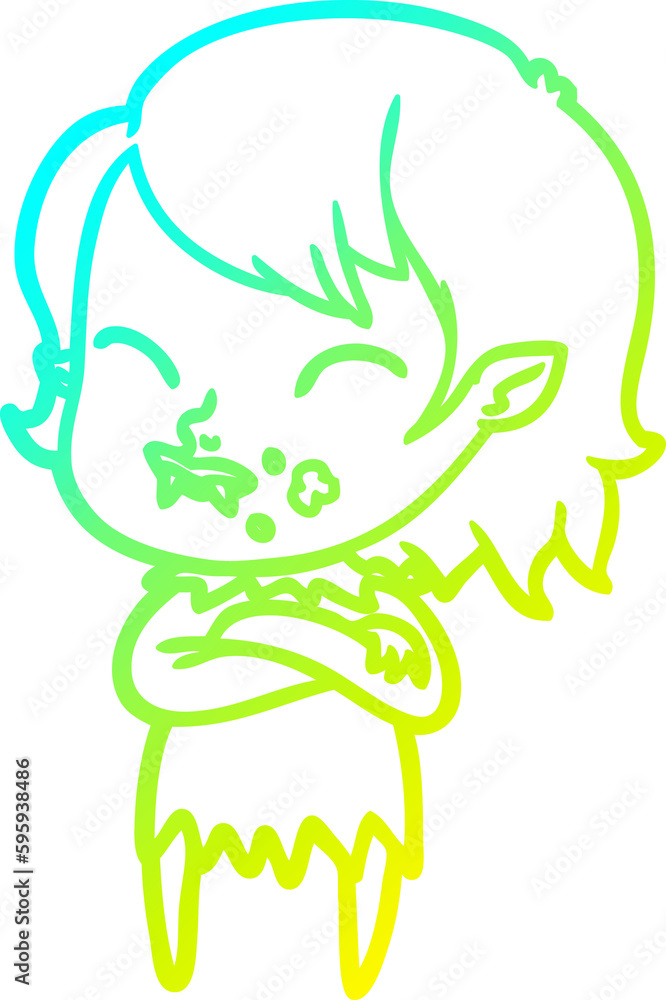cold gradient line drawing of a cartoon vampire girl with blood on cheek