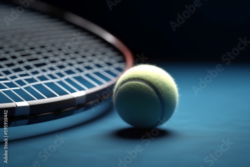 A 3D rendering of a tennis racket striking a tennis ball on a blue background in closeup. Generative AI