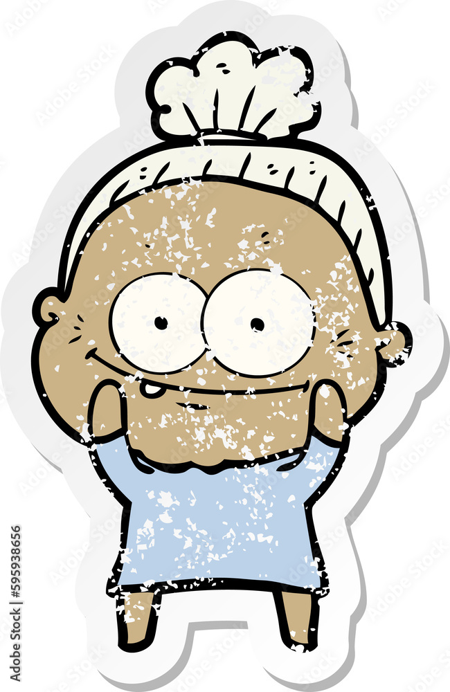 distressed sticker of a cartoon happy old woman distressed sticker of a cartoon happy old woman
