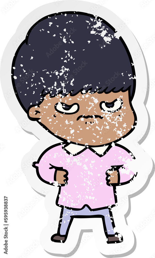 distressed sticker of a annoyed cartoon boy distressed sticker of a annoyed cartoon boy