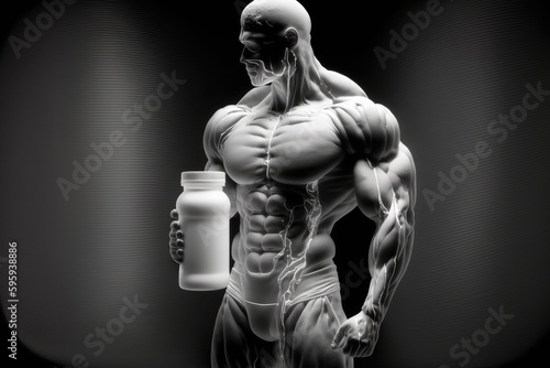Bodybuilder with a bottle of protein on a dark background