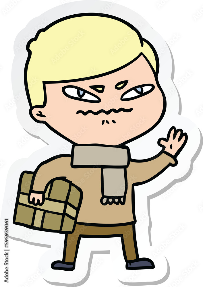 sticker of a cartoon angry man carrying parcel