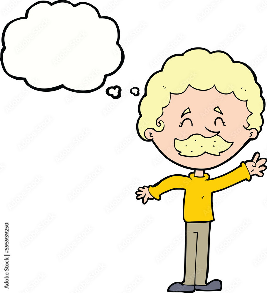 cartoon man with mustache waving with thought bubble cartoon man with mustache waving with thought bubble
