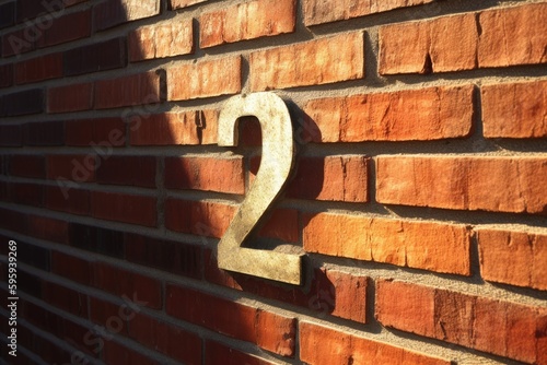 Foto old brick wall with house number two, generative ai
