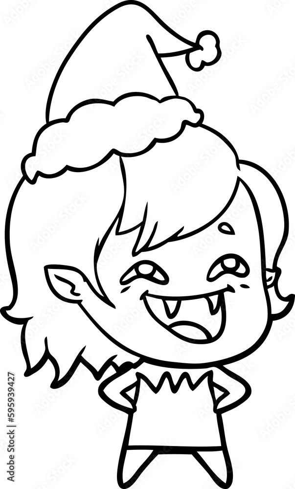 hand drawn line drawing of a laughing vampire girl wearing santa hat hand drawn line drawing of a laughing vampire girl wearing santa hat