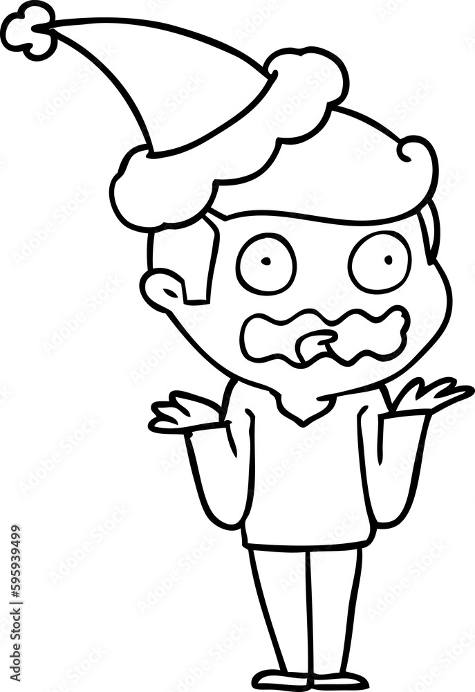 hand drawn line drawing of a man totally stressed out wearing santa hat hand drawn line drawing of a man totally stressed out wearing santa hat