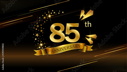 85th anniversary logo with golden ring, confetti and Gold ribbon isolated on elegant black background, sparkle, vector design for greeting card and invitation card