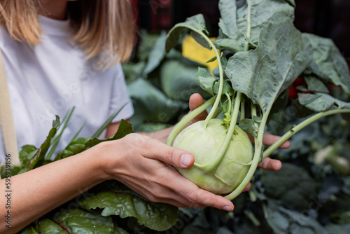 person holding a kohlrabi cabbage