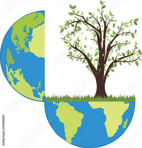 Planet Earth in section with tree on grass vector illustration