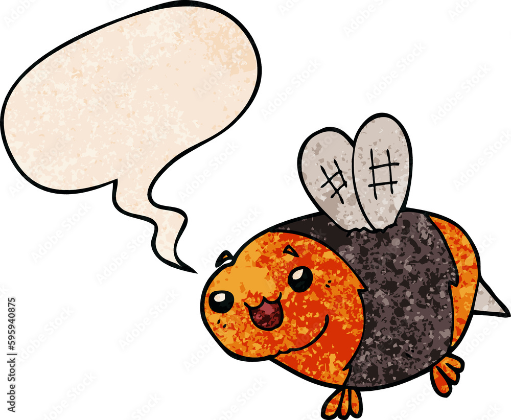 funny cartoon bee with speech bubble in retro texture style funny cartoon bee with speech bubble in retro texture style