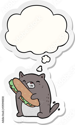 cartoon cat with sandwich with thought bubble as a printed sticker