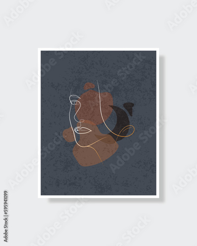 Minimal abstract women beauty line drawing poster. Vector girl portrait in modert style and pastel color concept design. Wall art women portrait. photo