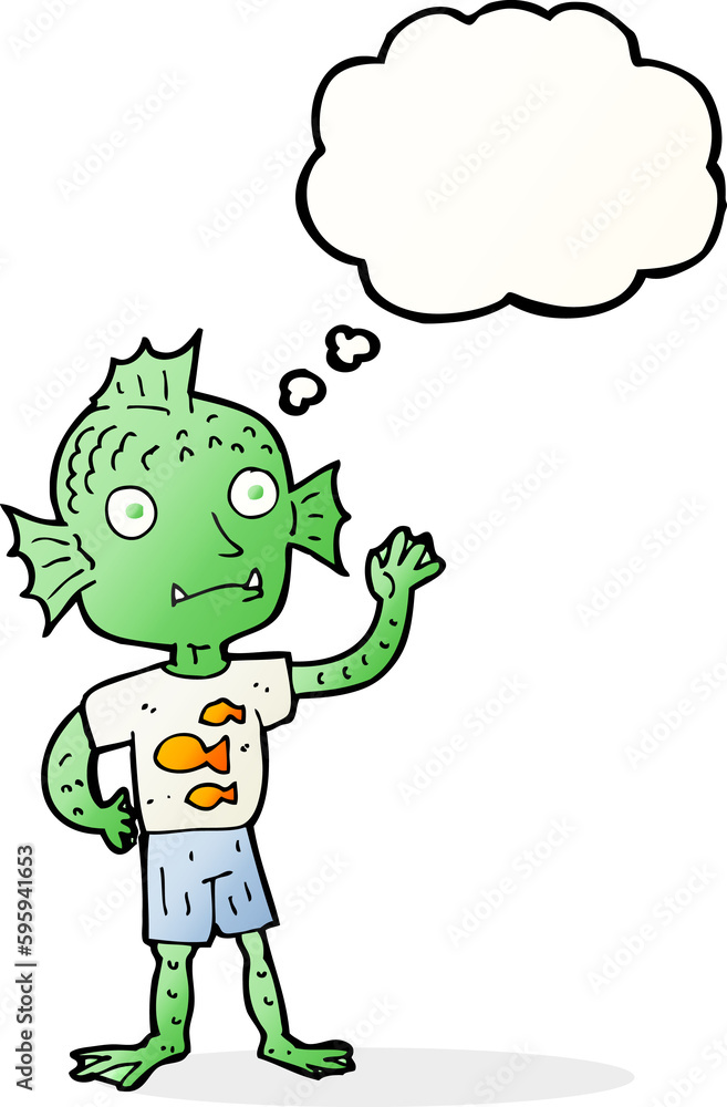 cartoon waving fish boy with thought bubble