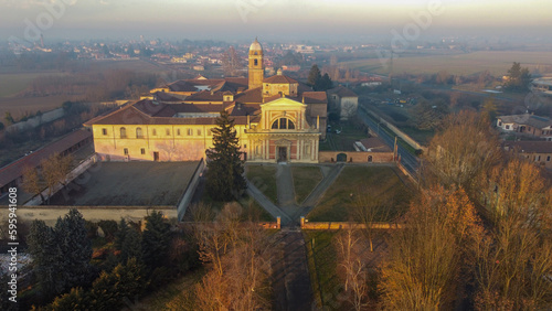 Aerial view of Complesso monumentale di Santa Croce e Tutti i Santi, Bosco Marengo, Alessandria, Piedmont, Italy photo