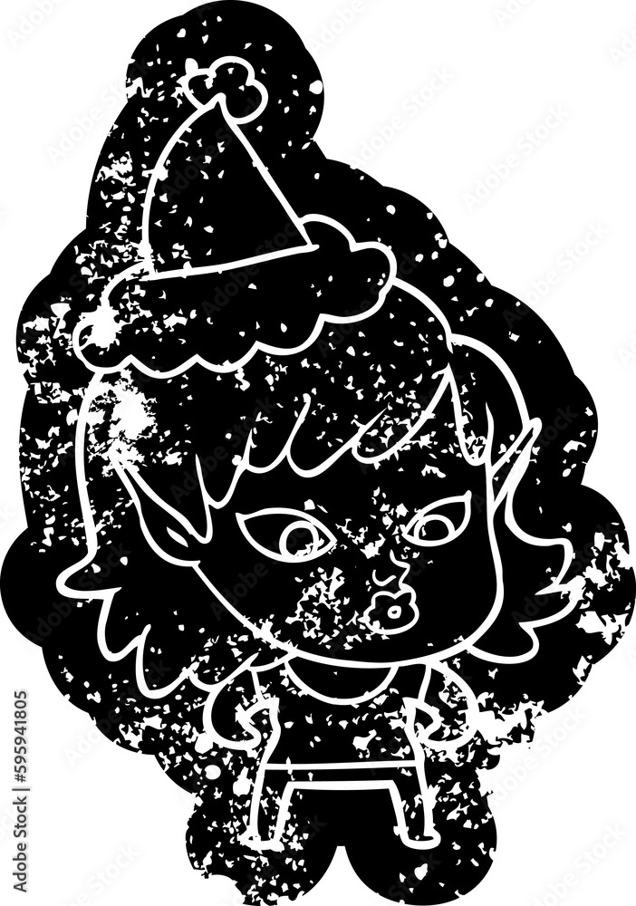 pretty quirky cartoon distressed icon of a elf girl wearing santa hat pretty quirky cartoon distressed icon of a elf girl wearing santa hat
