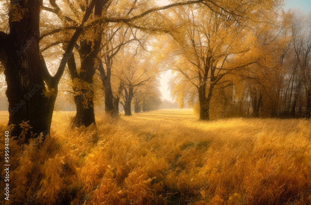 Autumn trees, light orange gold forest. Generative AI.