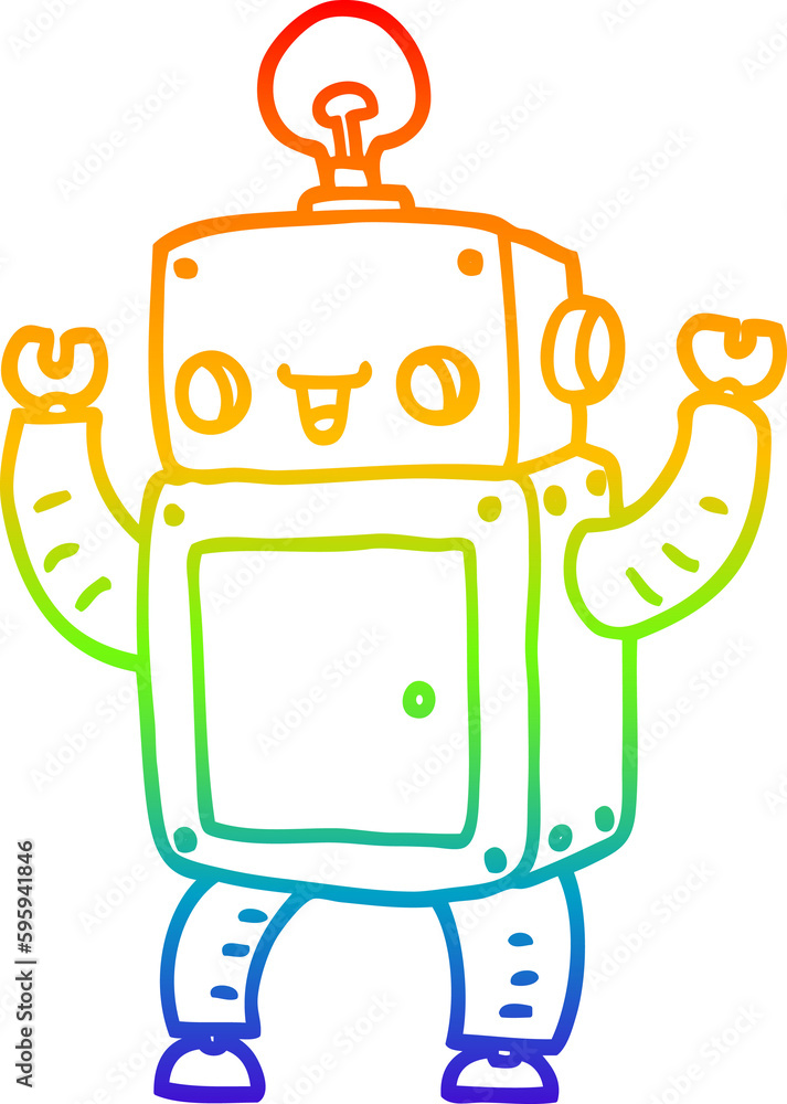 Naklejka premium rainbow gradient line drawing of a cartoon happy robot