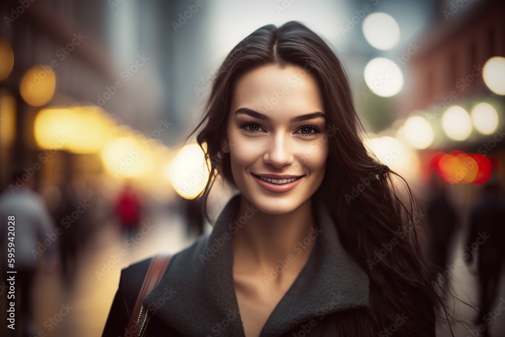 Obraz premium Young Woman with Flawless Skin Walking Down the Street. Ai generated.