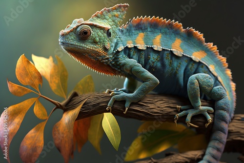 Wild chameleon in a forest. Ai generated.