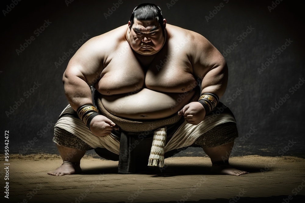 Japanese sumo wrestler in concentrated position. Ai generated. - obrazy, fototapety, plakaty 