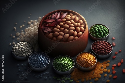 Legumes of various types, rich in vegetable proteins. Ai generated.