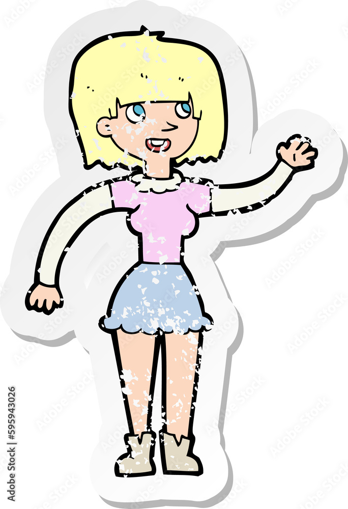 retro distressed sticker of a cartoon girl waving retro distressed sticker of a cartoon girl waving