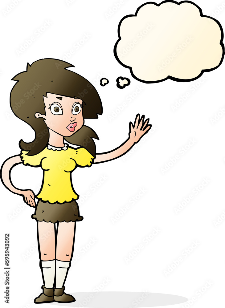 cartoon pretty woman waving for attention with thought bubble cartoon pretty woman waving for attention with thought bubble