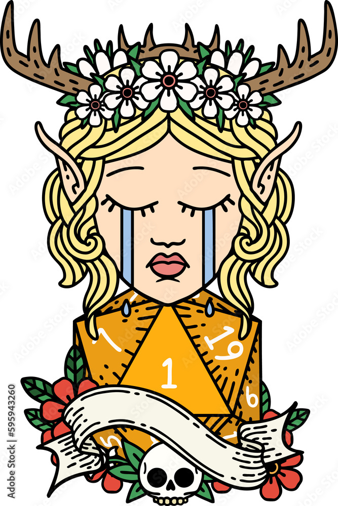 Retro Tattoo Style crying elf druid character face with natural one D20 dice roll Retro Tattoo Style crying elf druid character face with natural one D20 dice roll