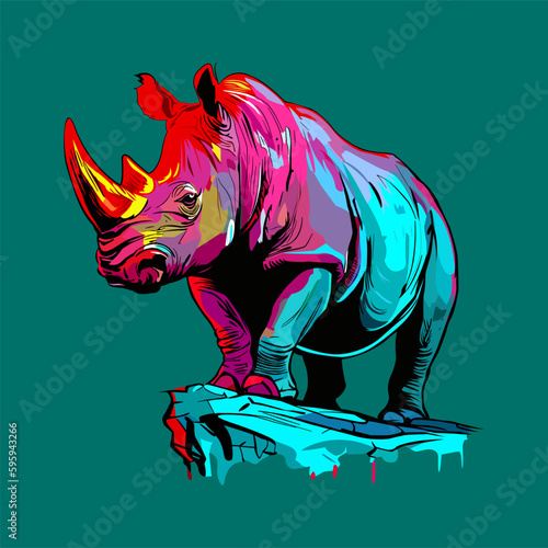 Colored vector  inked style rhinoceros wall art