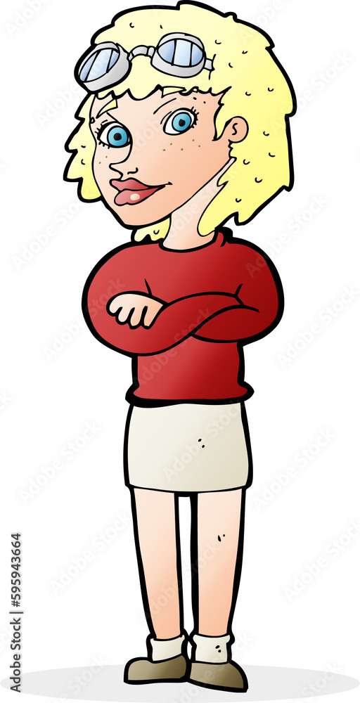 cartoon woman with crossed arms and safety goggles cartoon woman with crossed arms and safety goggles