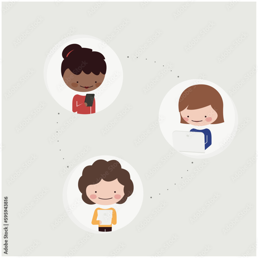 Mujeres con diferentes tecnologías: celular, tableta, computadora portátil, notebook, telefono movil. Vector de comunicación e interacción en línea, redes sociales, chicas trabajando o estudiando Mujeres con diferentes tecnologías: celular, tableta, computadora portátil, notebook, telefono movil. Vector de comunicación e interacción en línea, redes sociales, chicas trabajando o estudiando