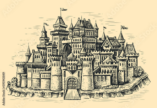 Medieval town. Stone castle with towers. Cityscape in vintage engraving style. Sketch vector illustration
