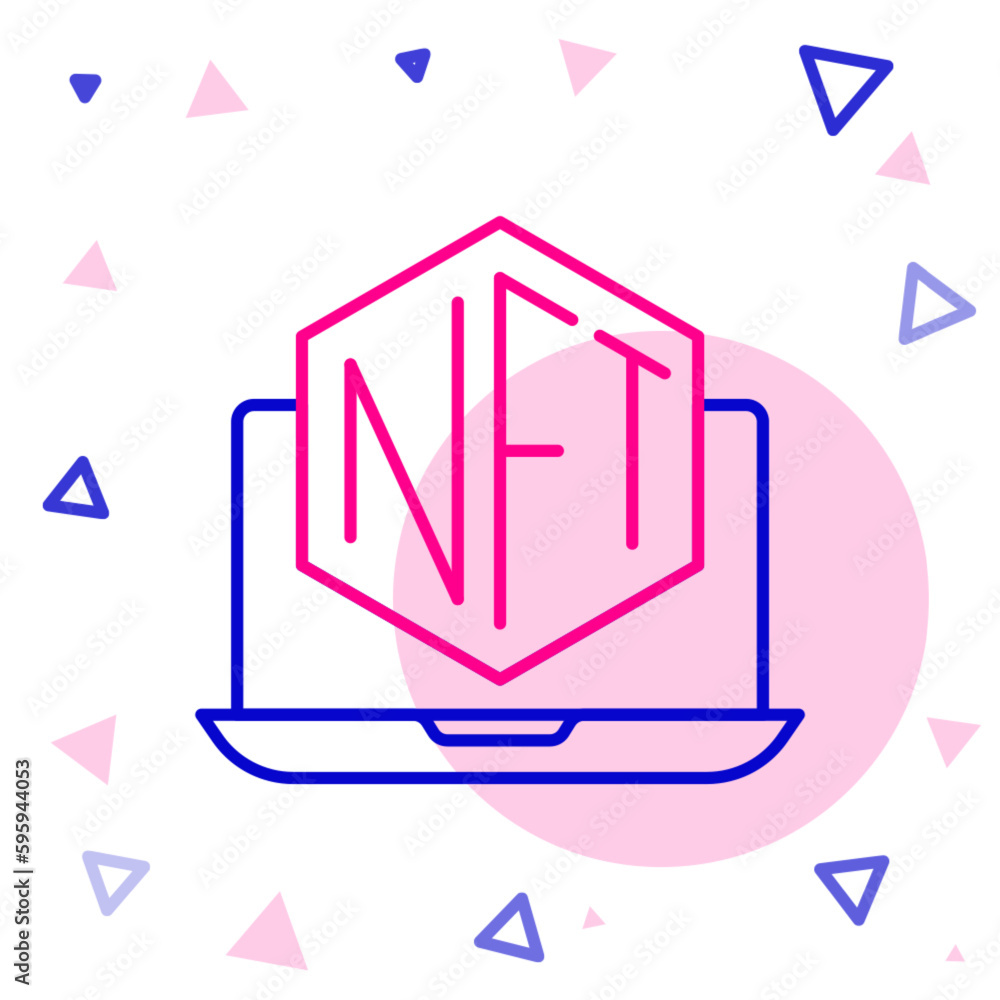 Line Laptop with art store app icon isolated on white background. Technology of selling NFT tokens for cryptocurrency. Non fungible token concept. Colorful outline concept. Vector Line Laptop with art store app icon isolated on white background. Technology of selling NFT tokens for cryptocurrency. Non fungible token concept. Colorful outline concept. Vector