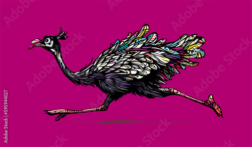 Colored vector  inked style ostrich wall art