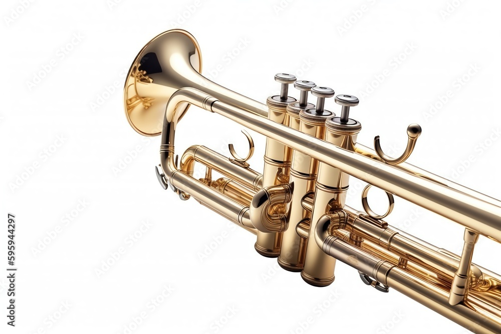 Obraz premium White background with brass trumpet. Generative AI