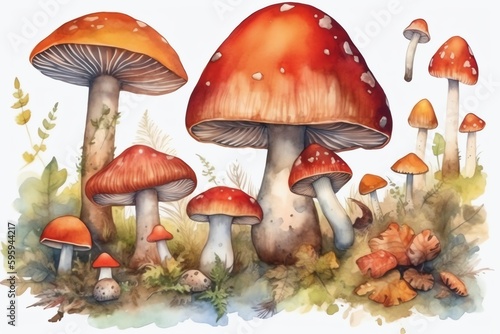 Watercolor mushrooms including border toadstool and red flyagaric mushrooms. Generative AI