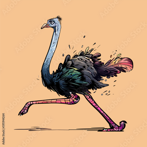 Colored vector  inked style ostrich wall art