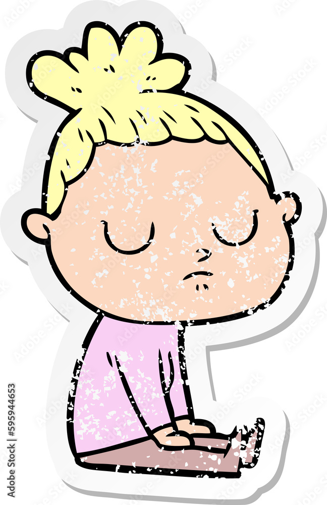 distressed sticker of a cartoon calm woman distressed sticker of a cartoon calm woman