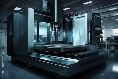 Banner with modern metal processing technology featuring a CNC milling machine for cutting metal. Generative AI