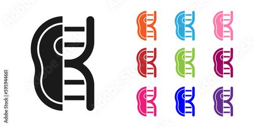 Black Genetically modified meat icon isolated on white background. Syringe being injected to meat. Set icons colorful. Vector