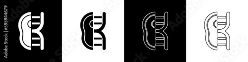 Set Genetically modified meat icon isolated on black and white background. Syringe being injected to meat. Vector
